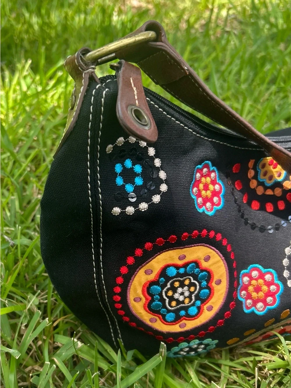 Relic Black Shoulder Bag with Multicolor Embroidered Medallions
